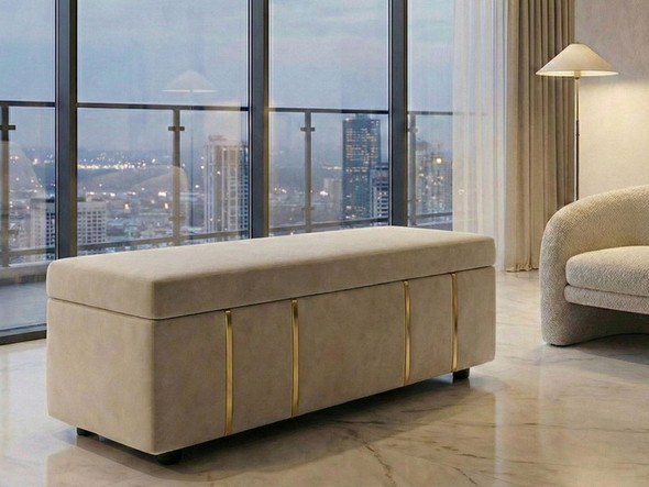 Lucía upholstered ottoman storage bench in cream velvet with vertical gold or chrome side accents